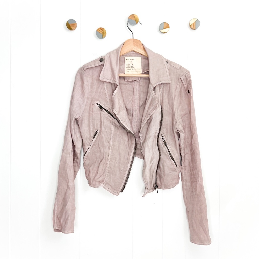 Free People 1970 linen Moto Jacket Mauve Blush Pink